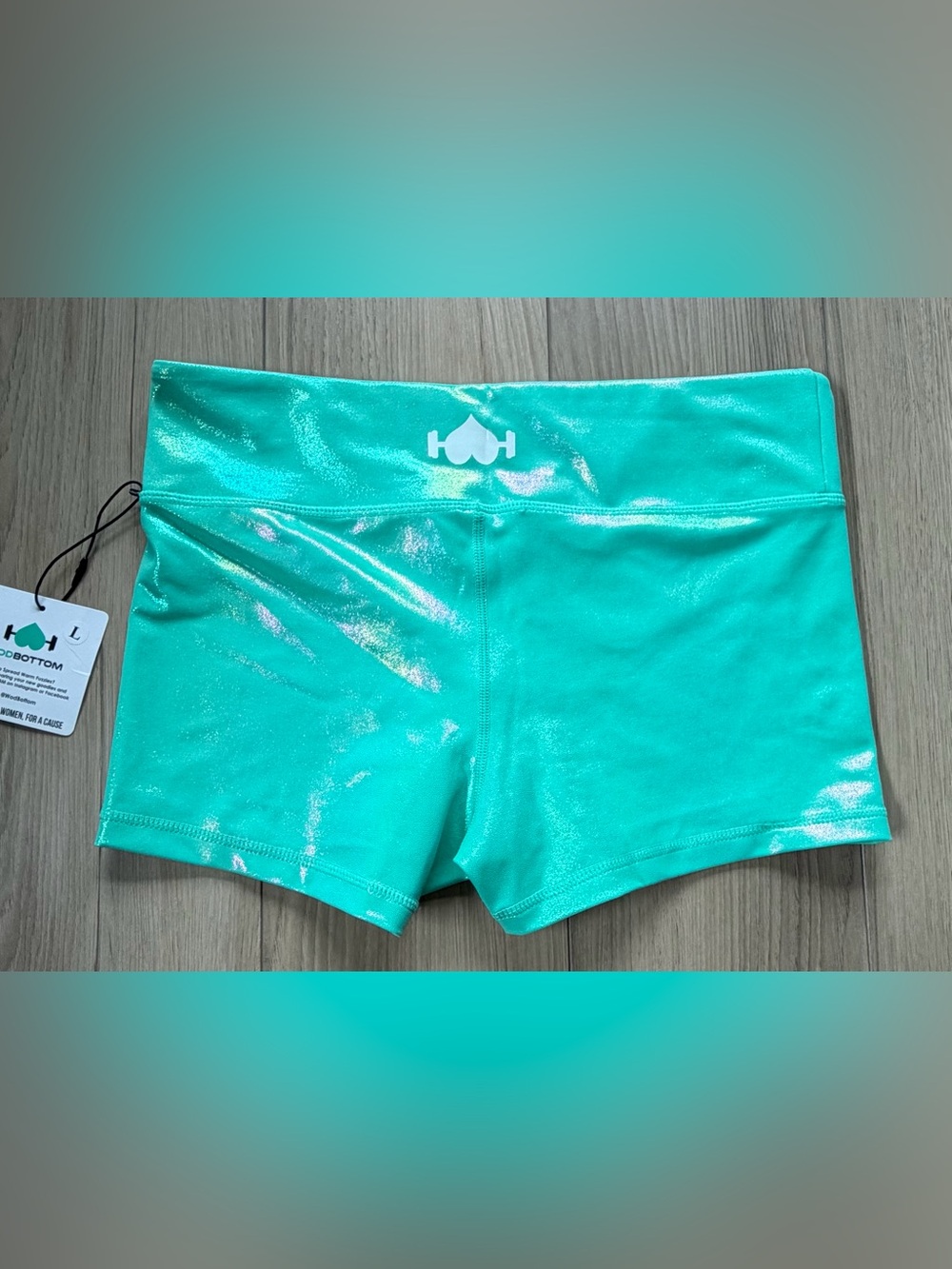 WODBOTTOM Sz L Shiny Hiney Shimmery Sea Green Shorts NWT - Picture 2 of 6